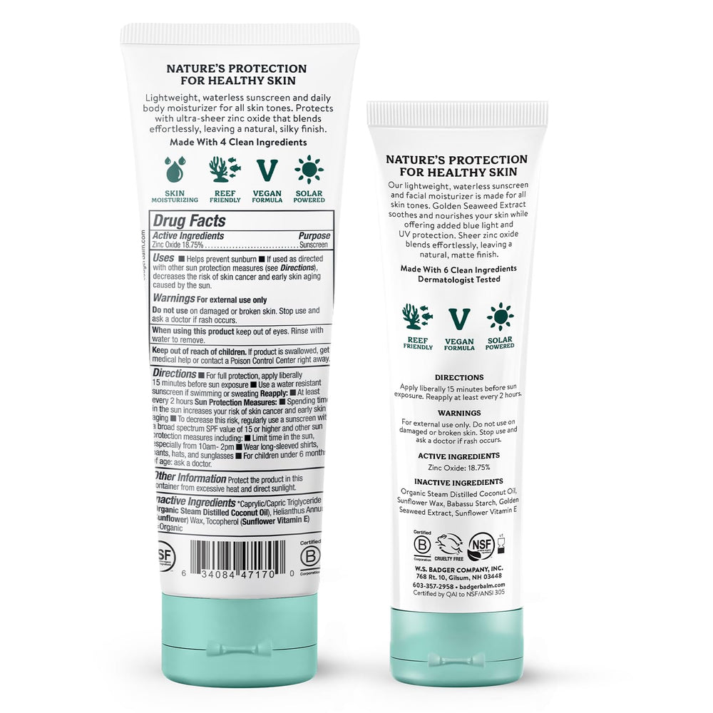 Texture légère de la lotion minérale Badger prête à l'application sur le visage.