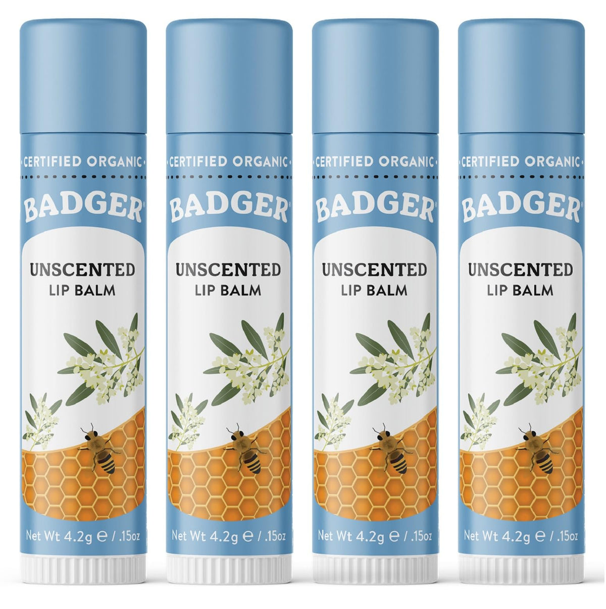 Badger unscented classic lip balm packaging close-up for daily moisturization