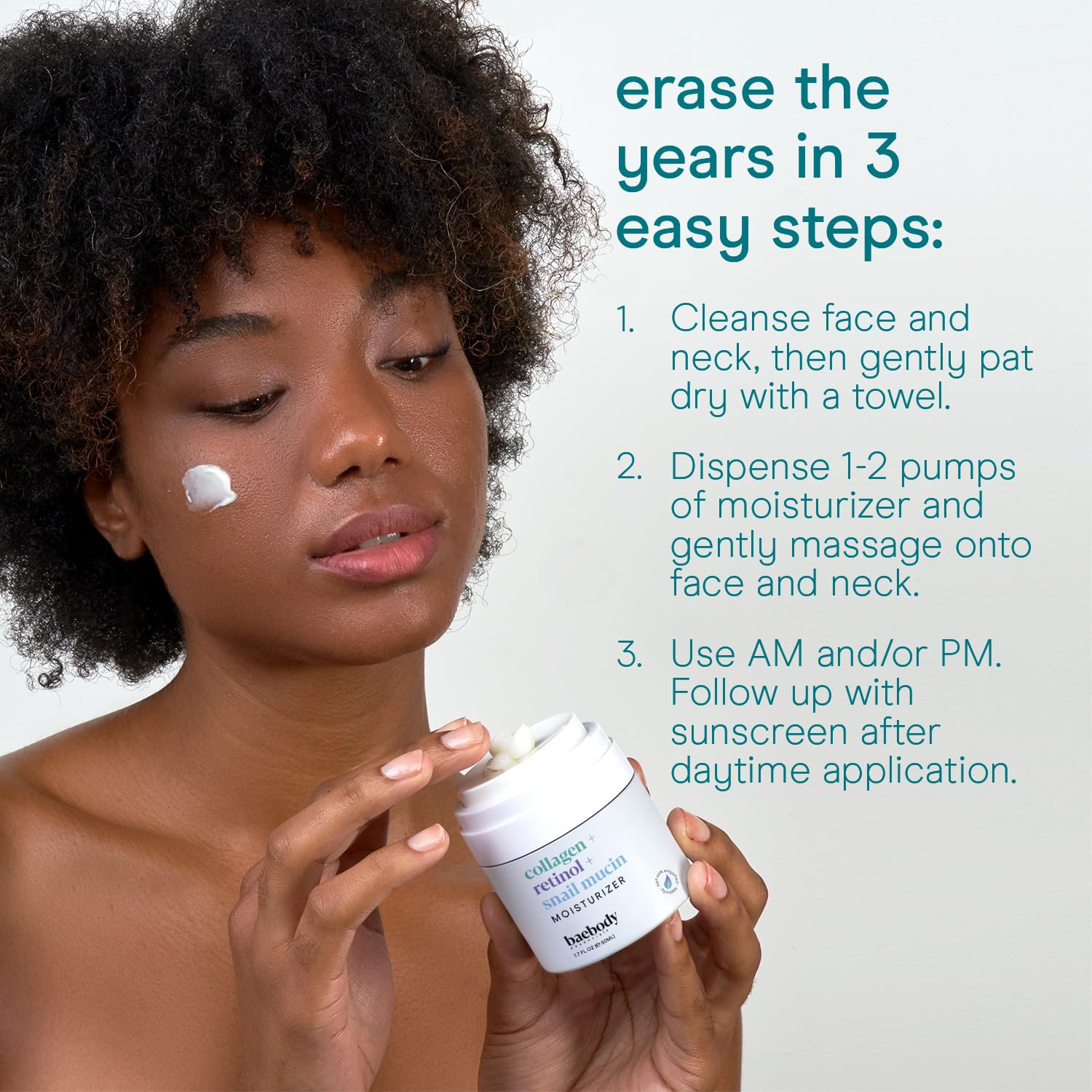 Baebody crème visage flacon pompe, soin anti‑âge sans gaspillage.