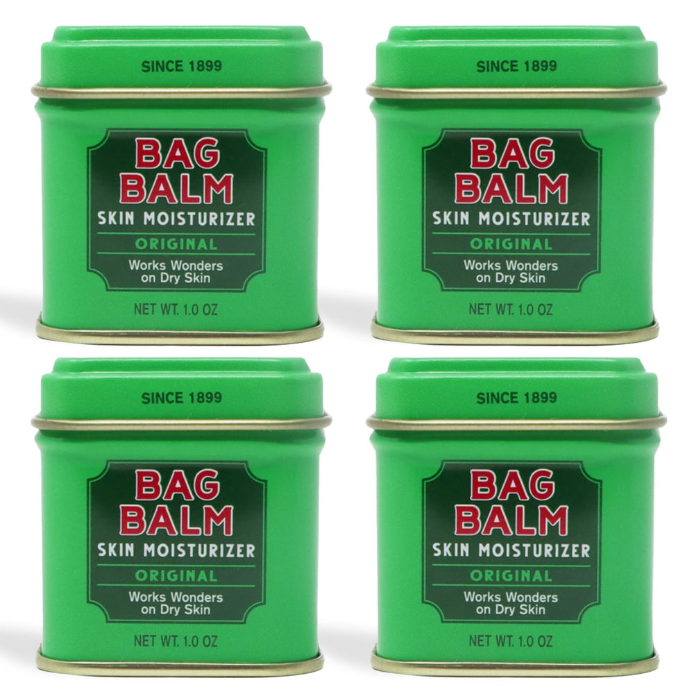 Bag Balm dans sa boîte ouverte, hydratation rapide des zones sèches.