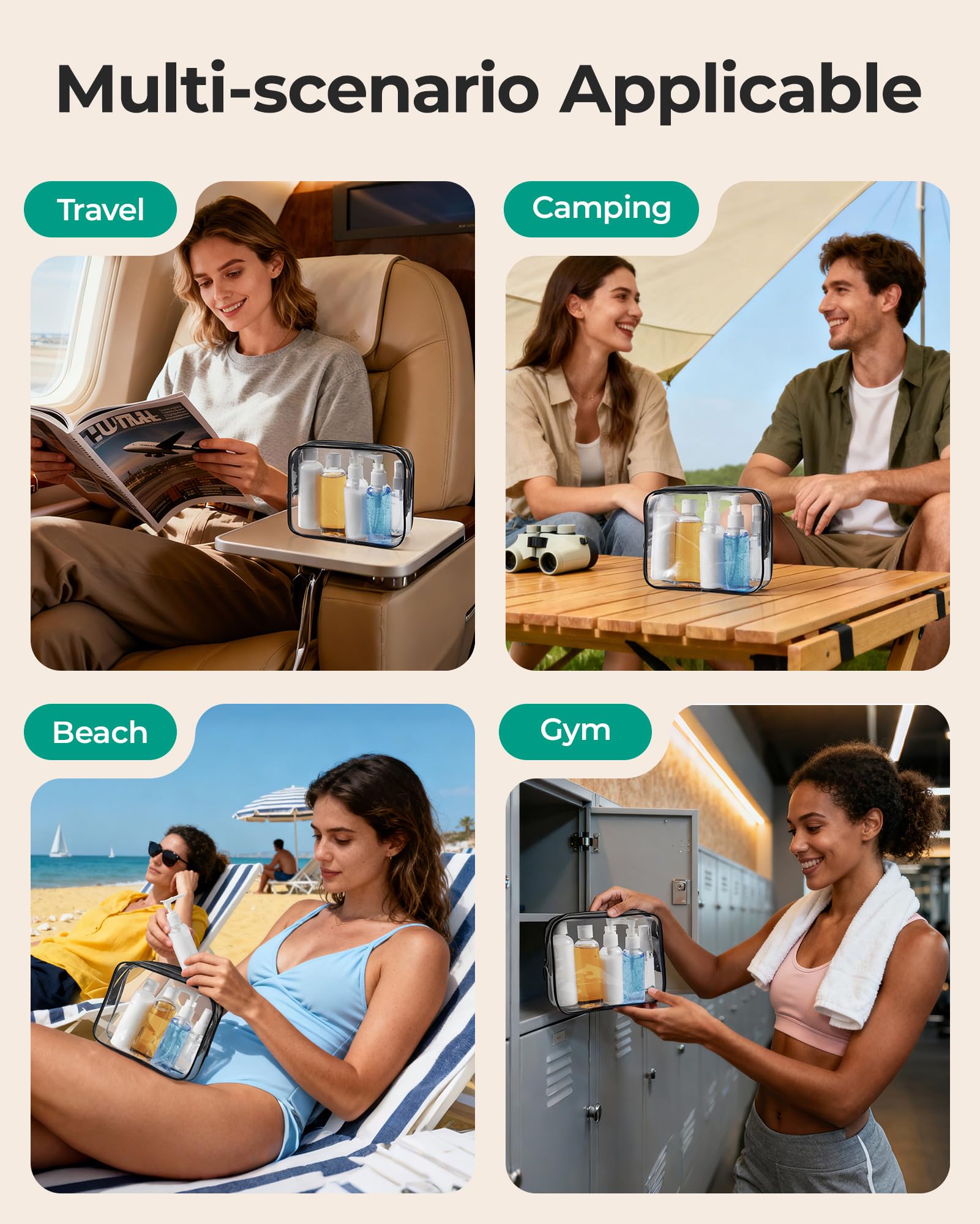 BAGSMART bouteilles réutilisables 100ml, stockage précis pour gels et crèmes en voyage.