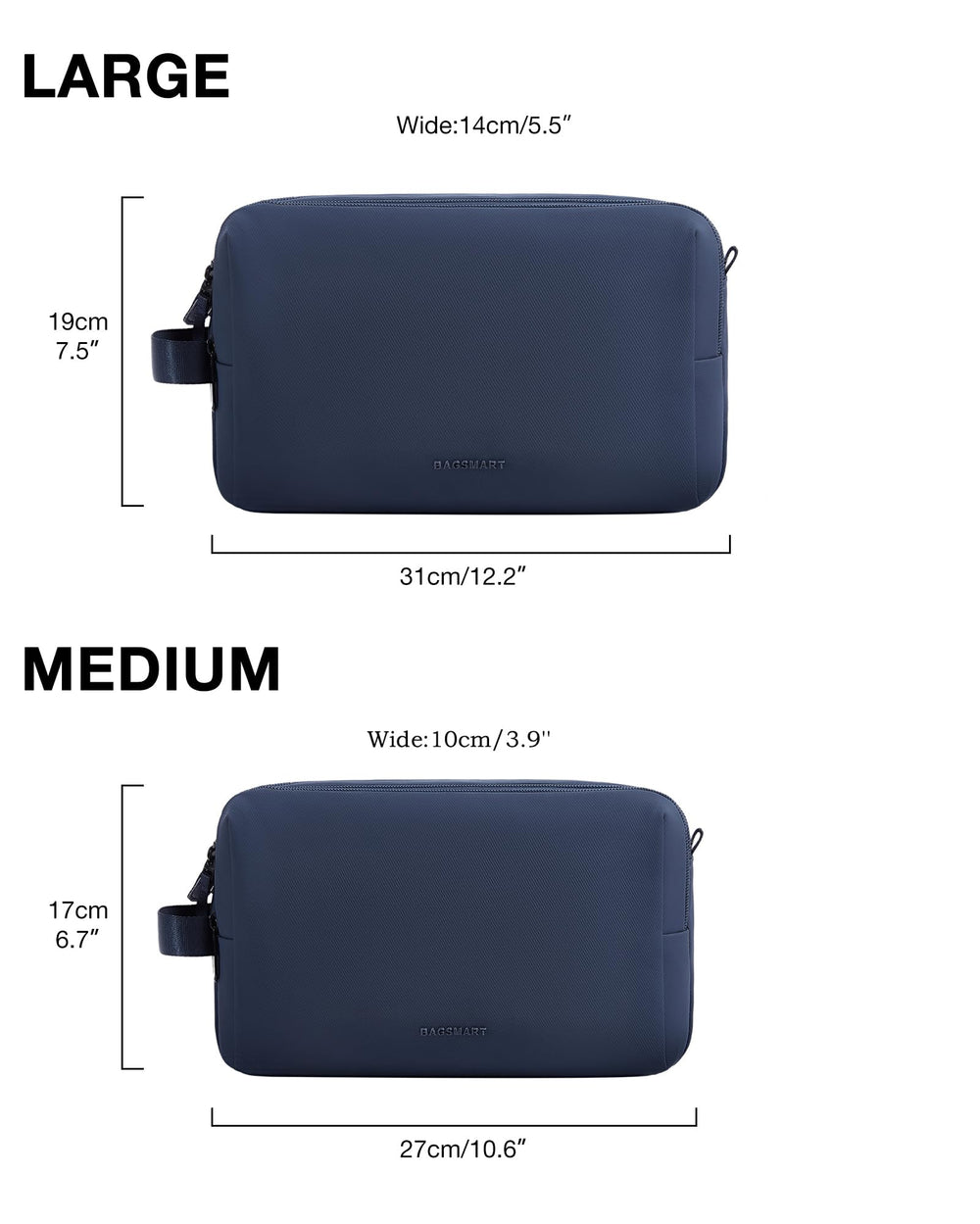 Design multifonction BagSmart bleu marine, combine trousse, kit rasage et vanity.