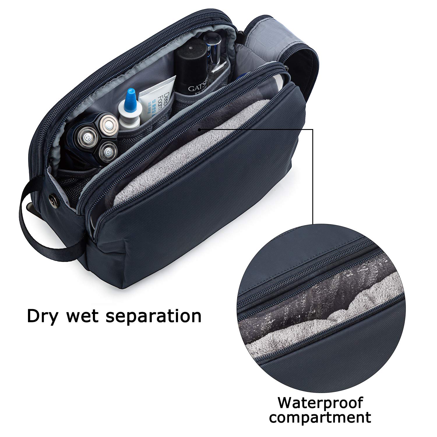 Fermetures doubles BagSmart, accès rapide et sécurisation des articles de toilette.