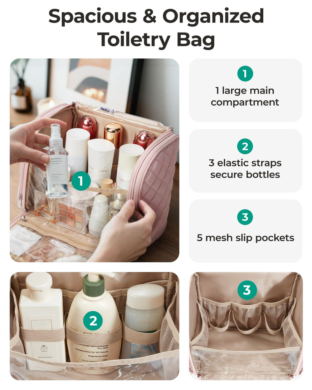 BAGSMART poche latérale interne idéale pour pinceaux et accessoires.