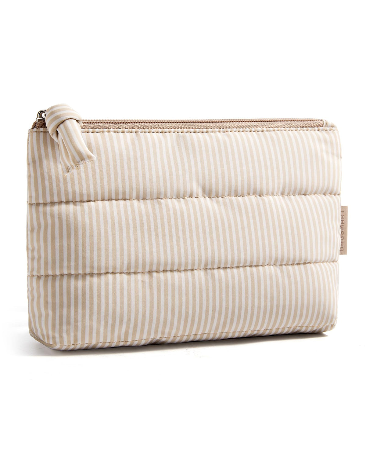 Pochette maquillage Bagsmart compacte, rayures kaki, pratique pour sac à main et sorties.