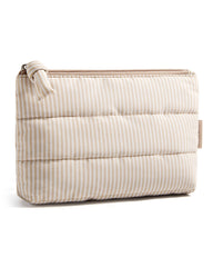 Pochette maquillage Bagsmart compacte, rayures kaki, pratique pour sac à main et sorties.
