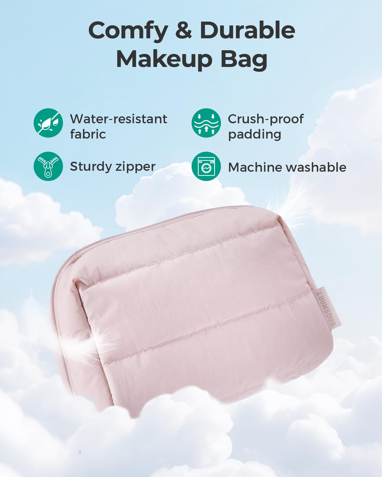 BAGSMART Puffy Sac Maquillage Rose Pale — couleur douce et élégante pour femme active.