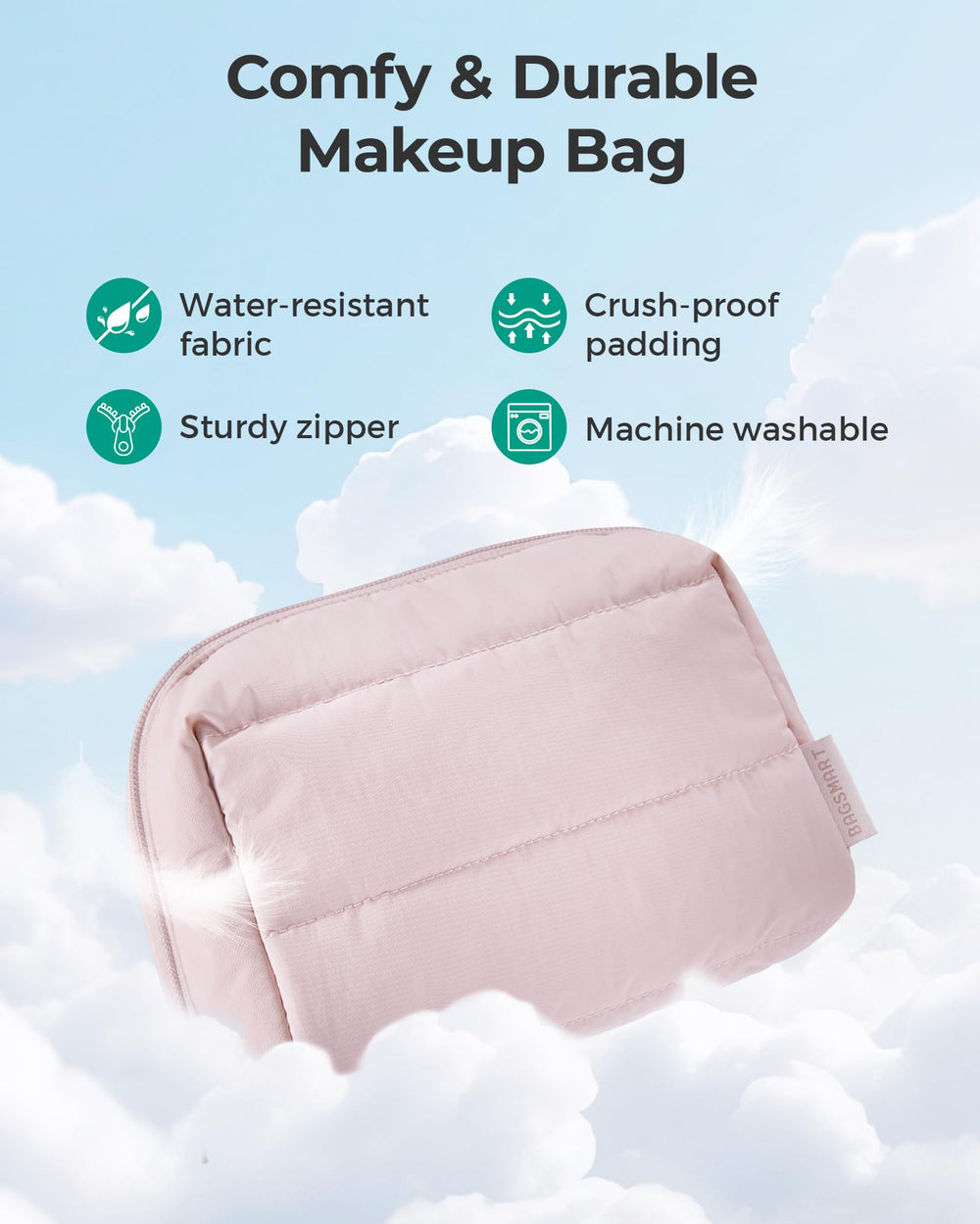 BAGSMART Puffy Sac Maquillage Rose Pale — couleur douce et élégante pour femme active.