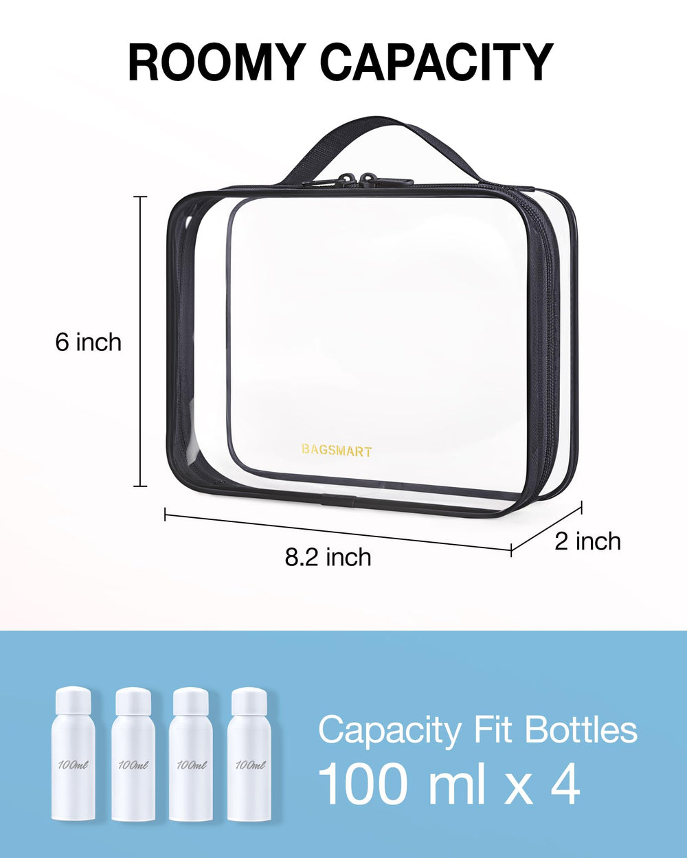 BagSmart sac de toilette transparent, grande ouverture pour accéder facilement aux produits en voyage.