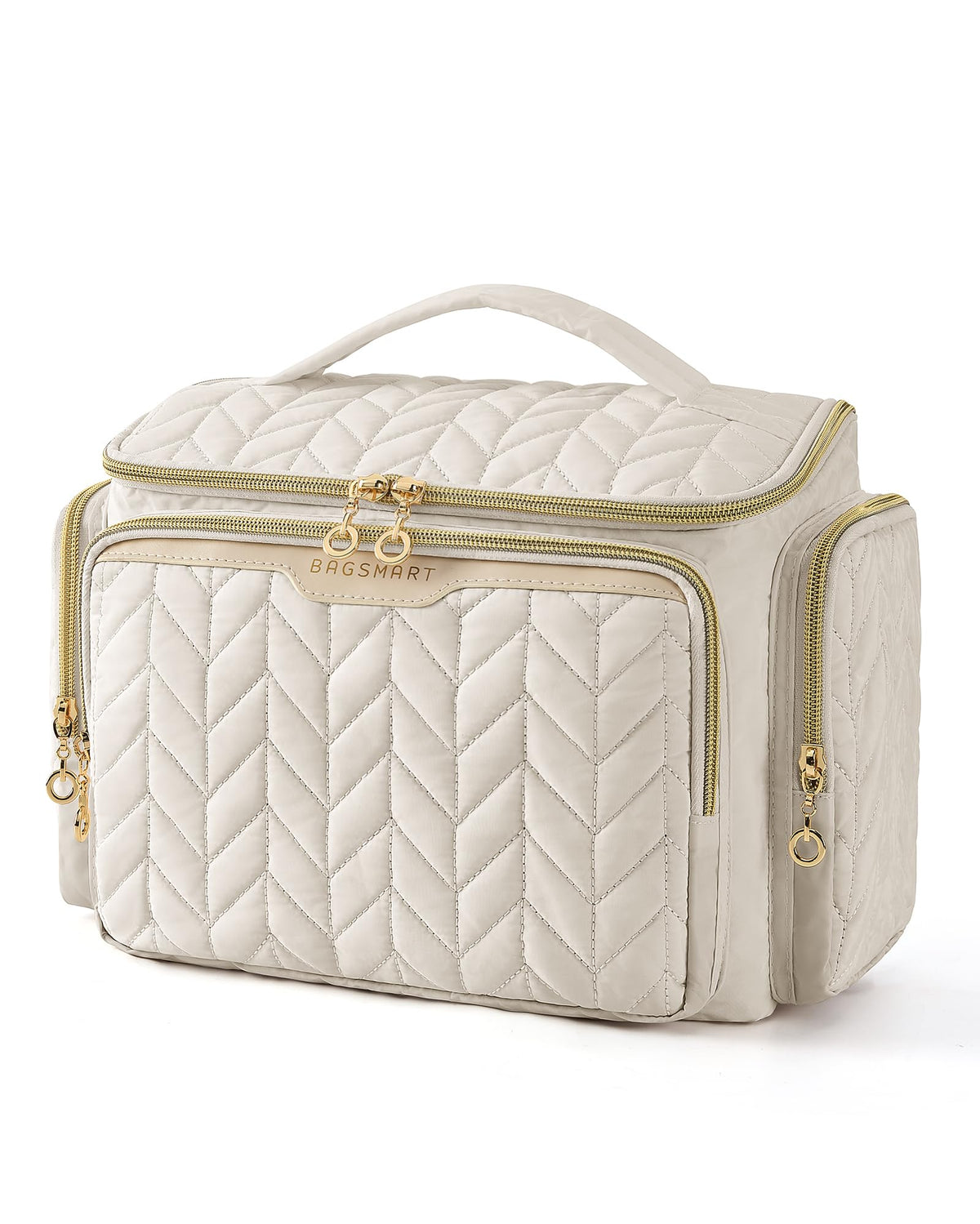 BAGSMART sac de toilette beige avec ouverture large pour un accès rapide.