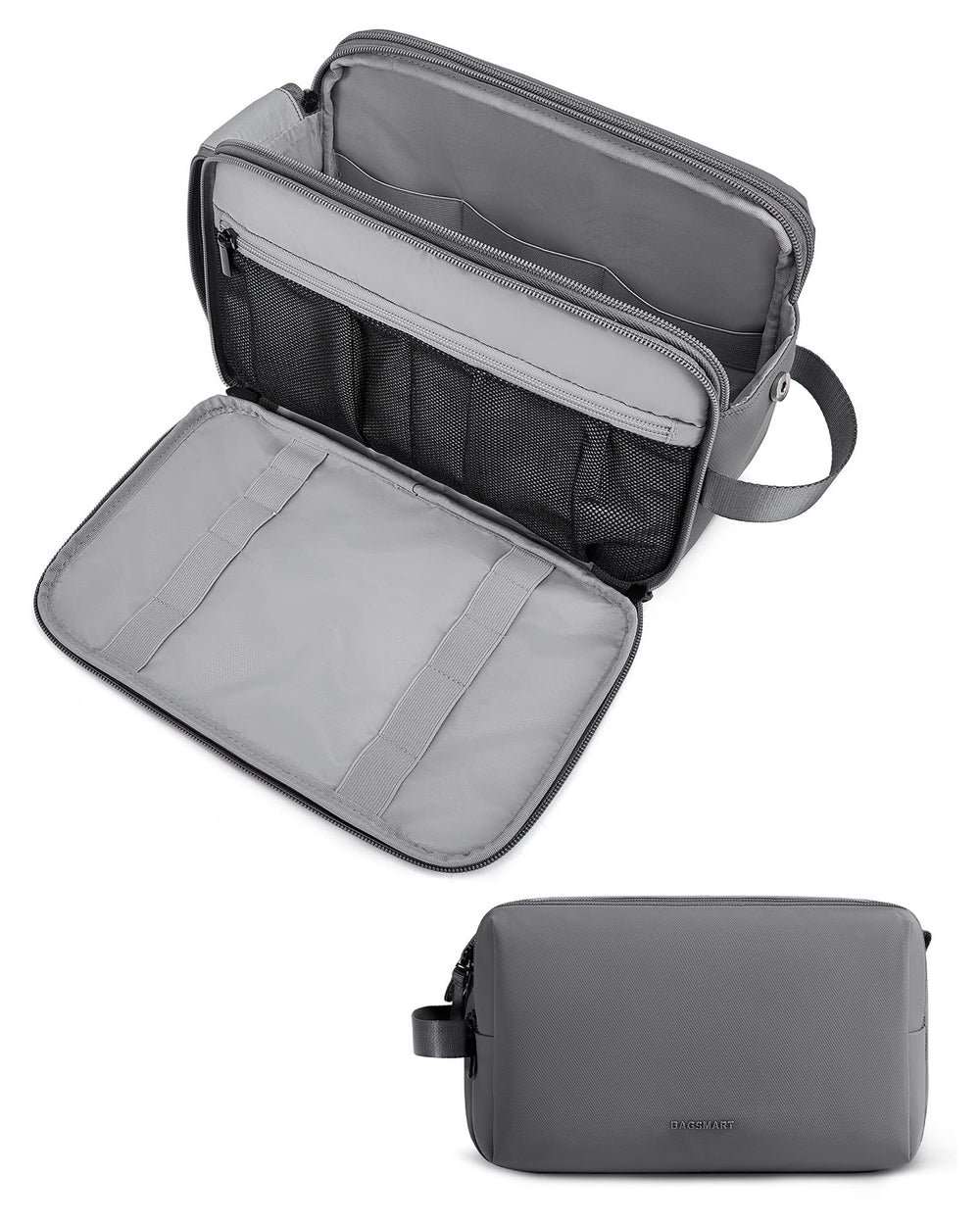 BAGSMART sac de toilette homme gris grand, démontrant une grande capacité pour les essentiels voyage.