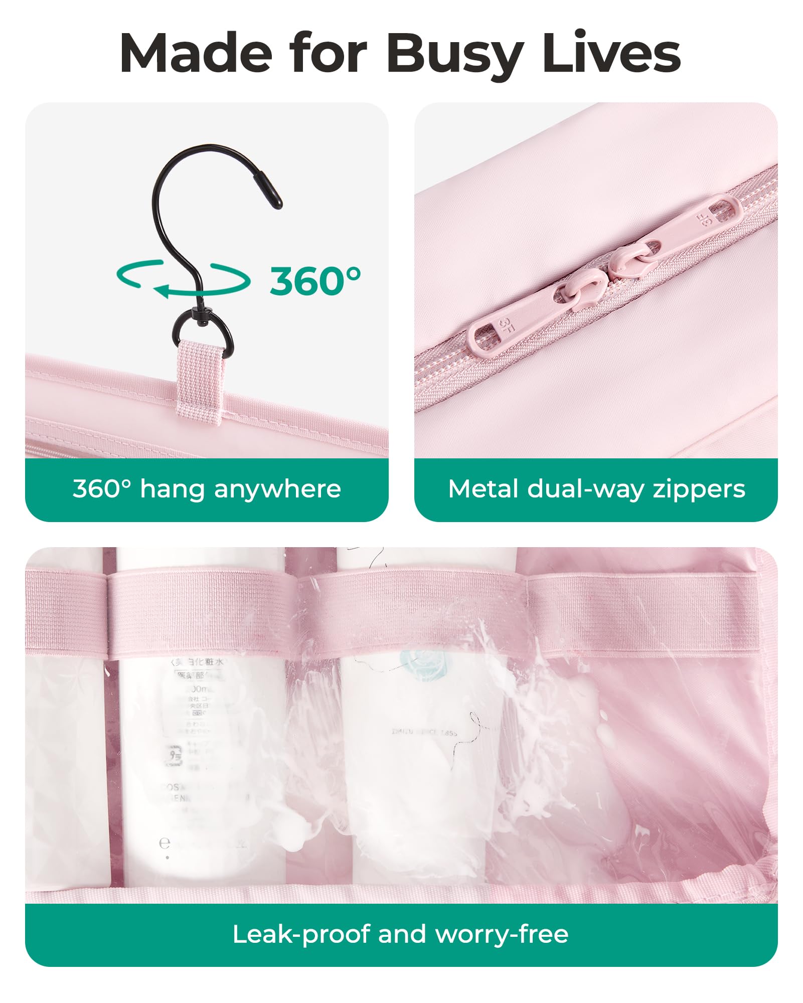 Quatre compartiments déployables BAGSMART pour organiser cosmétiques et soins.