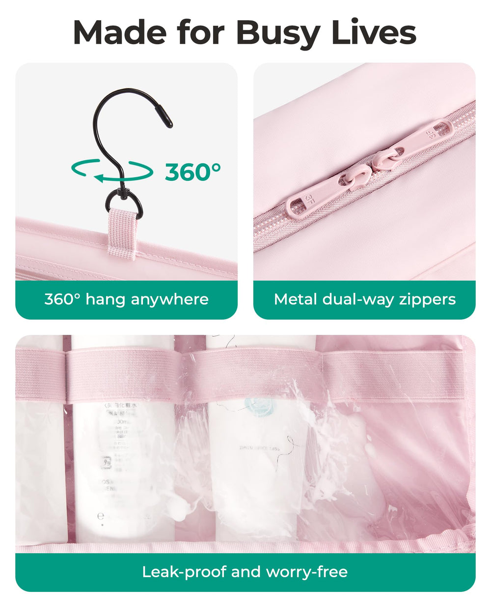 Quatre compartiments déployables BAGSMART pour organiser cosmétiques et soins.