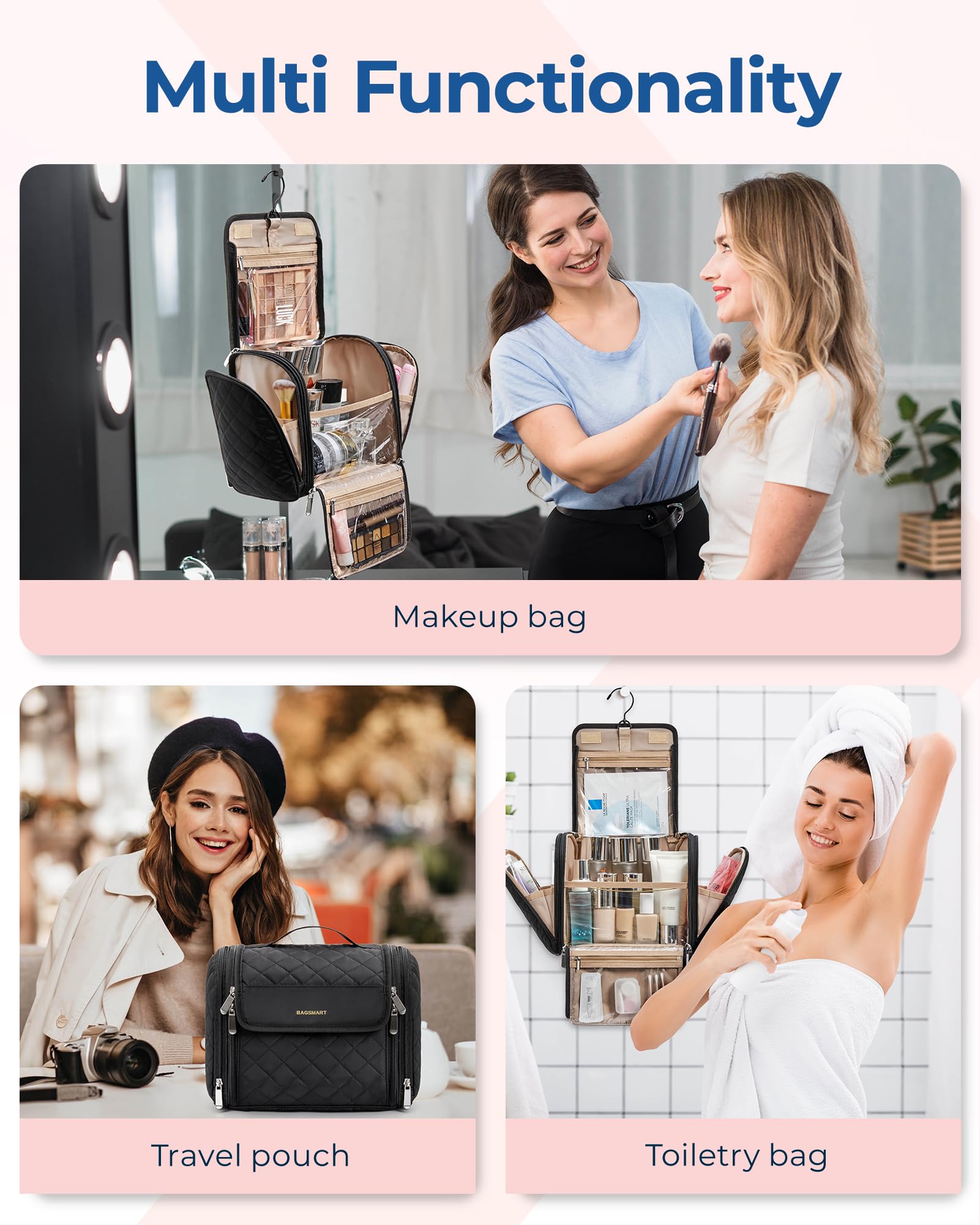 Poche extérieure droite BAGSMART maquillage, adaptée aux accessoires volumineux.