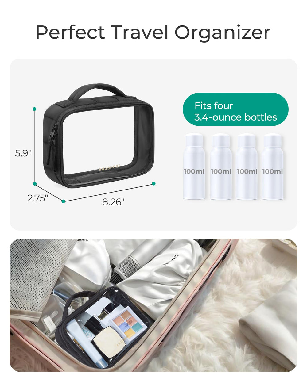 Trousse BAGSMART maquillage transparente, fermetures doubles pour un accès rapide