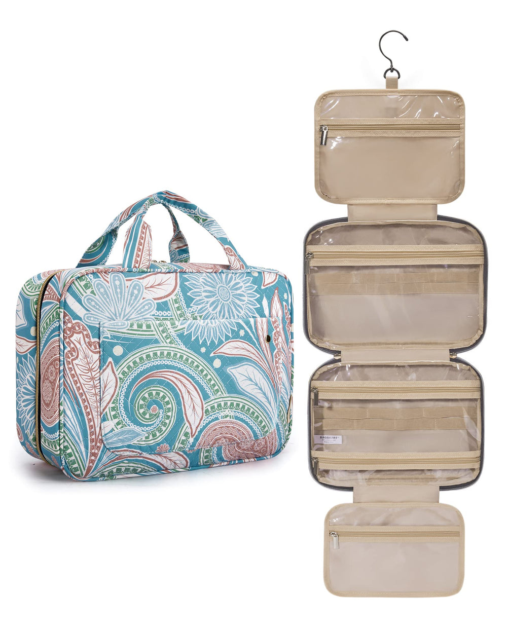 BagSMART Trousse de toilette avec crochet pivotant pour accroche pratique lors des voyages.