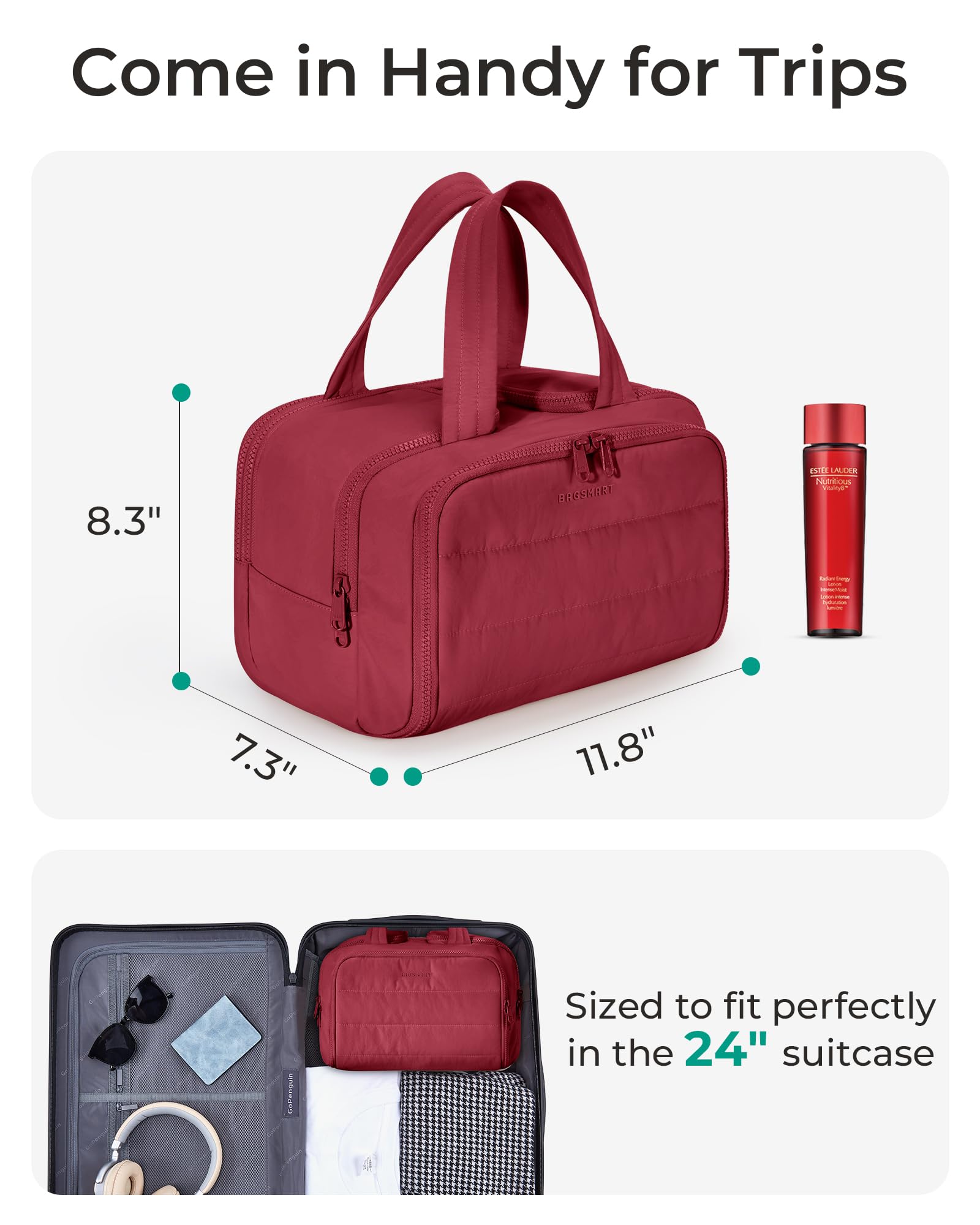 Trousse BAGSMART ouverture complète facilitant l’accès rapide aux produits.