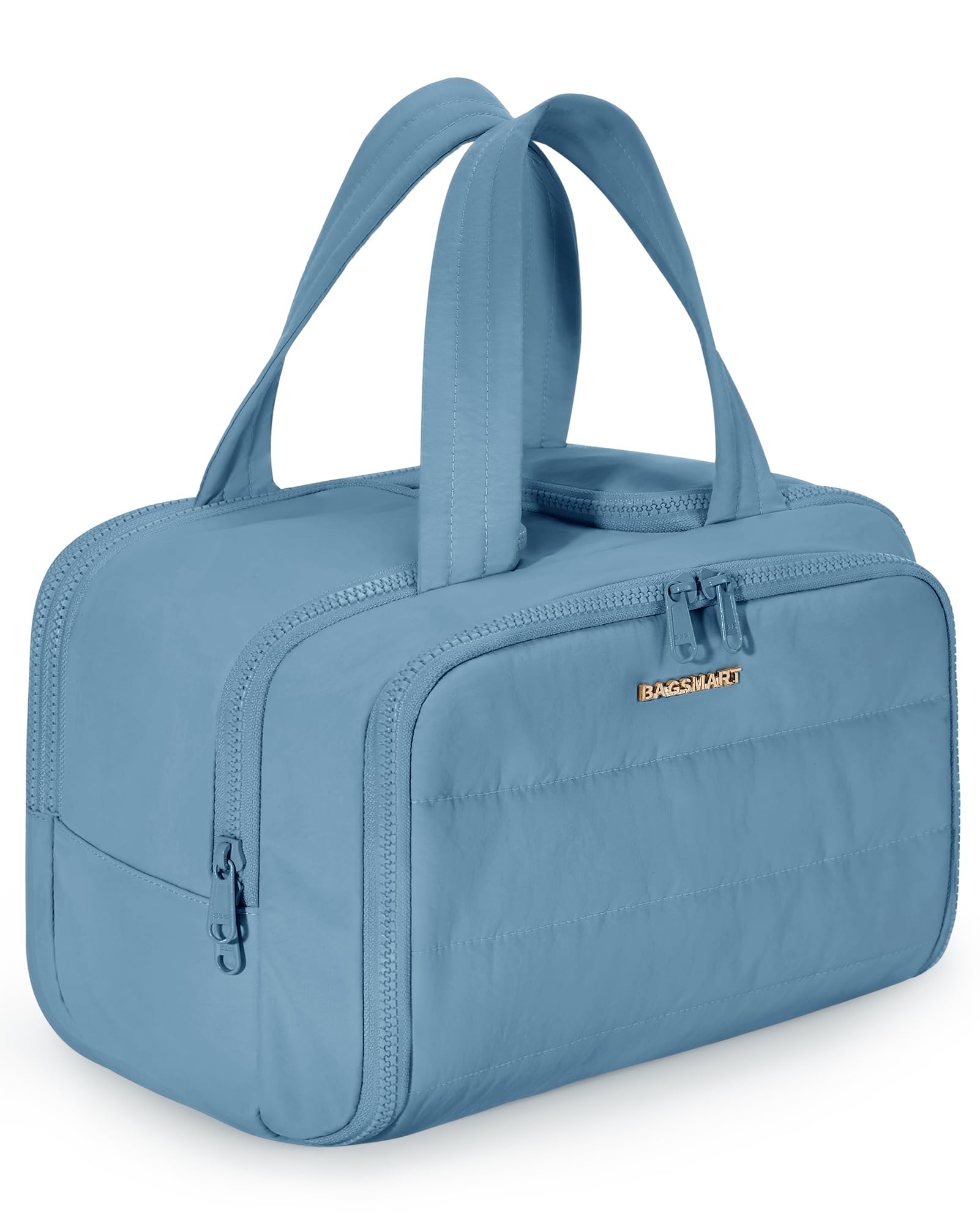 Trousse BAGSMART Puffy bleu acier, ouverture large pour un accès rapide en voyage.
