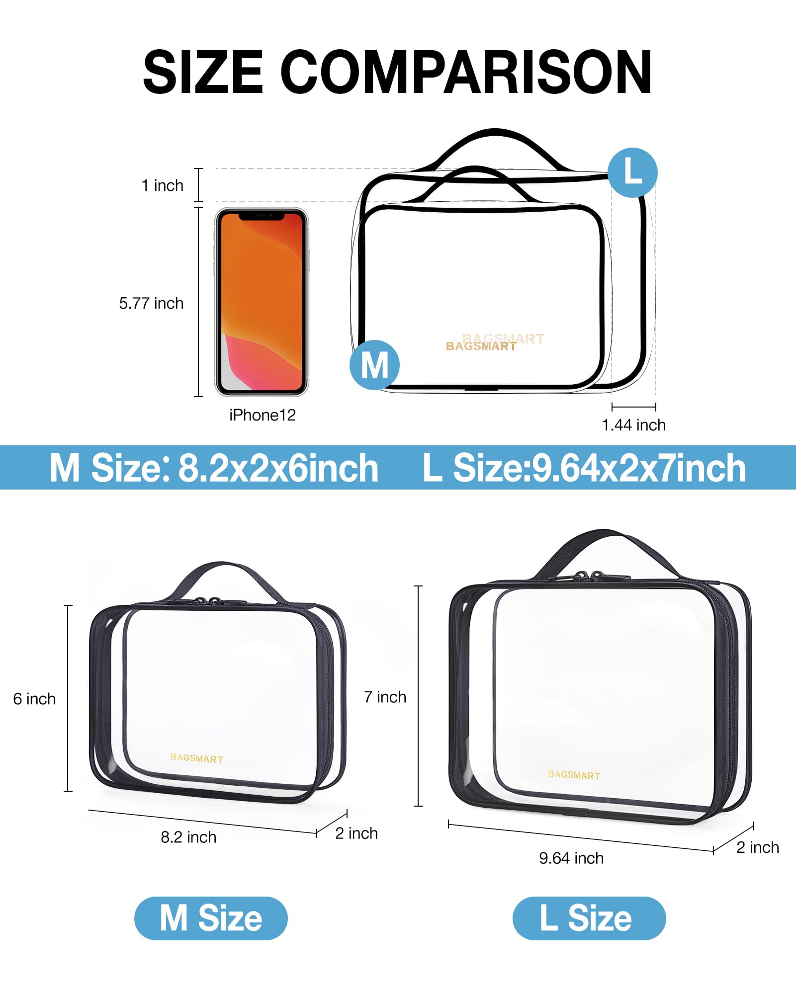 BAGSMART grande: trousse transparente, espace pour cosmétiques et liquides.