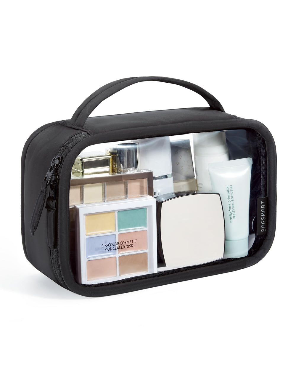 Trousse Bagsmart transparente avec ouverture à 180 degrés pour un accès rapide.