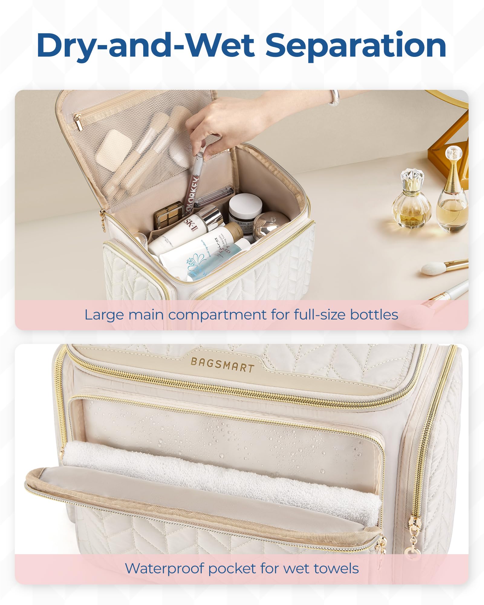 BAGSMART trousse de toilette voyage avec fermetures bidirectionnelles pour acces rapide