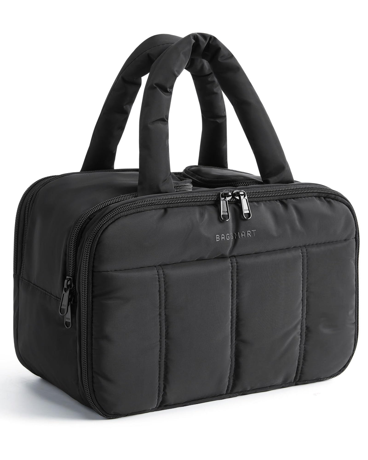 BAGSMART trousse de toilette puffy noire ouverte, accès rapide aux articles de voyage.