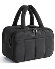 BAGSMART trousse de toilette puffy noire ouverte, accès rapide aux articles de voyage.