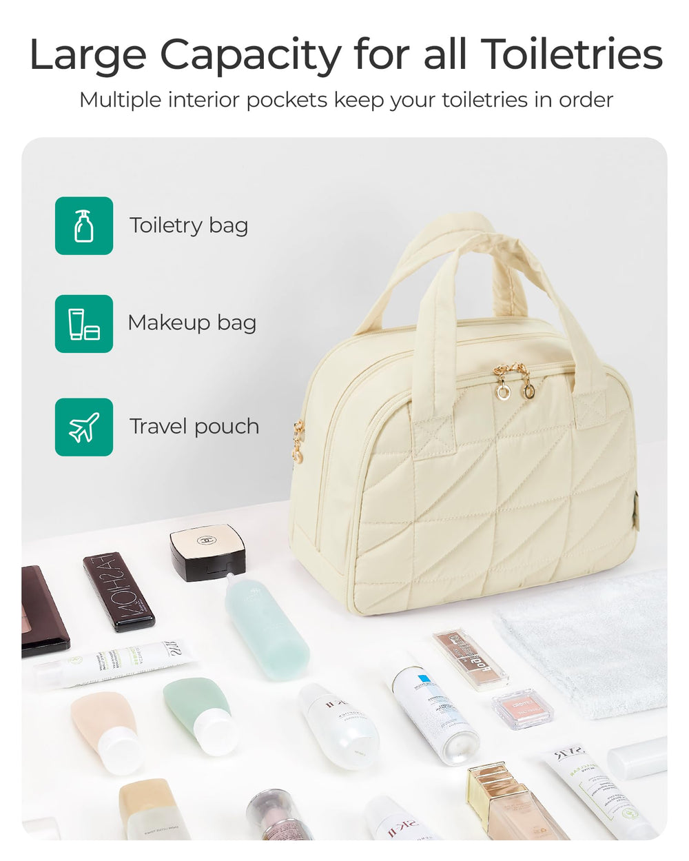 BAGSMART Trousse de toilette grand format, idéale pour cosmétiques et articles de toilette.