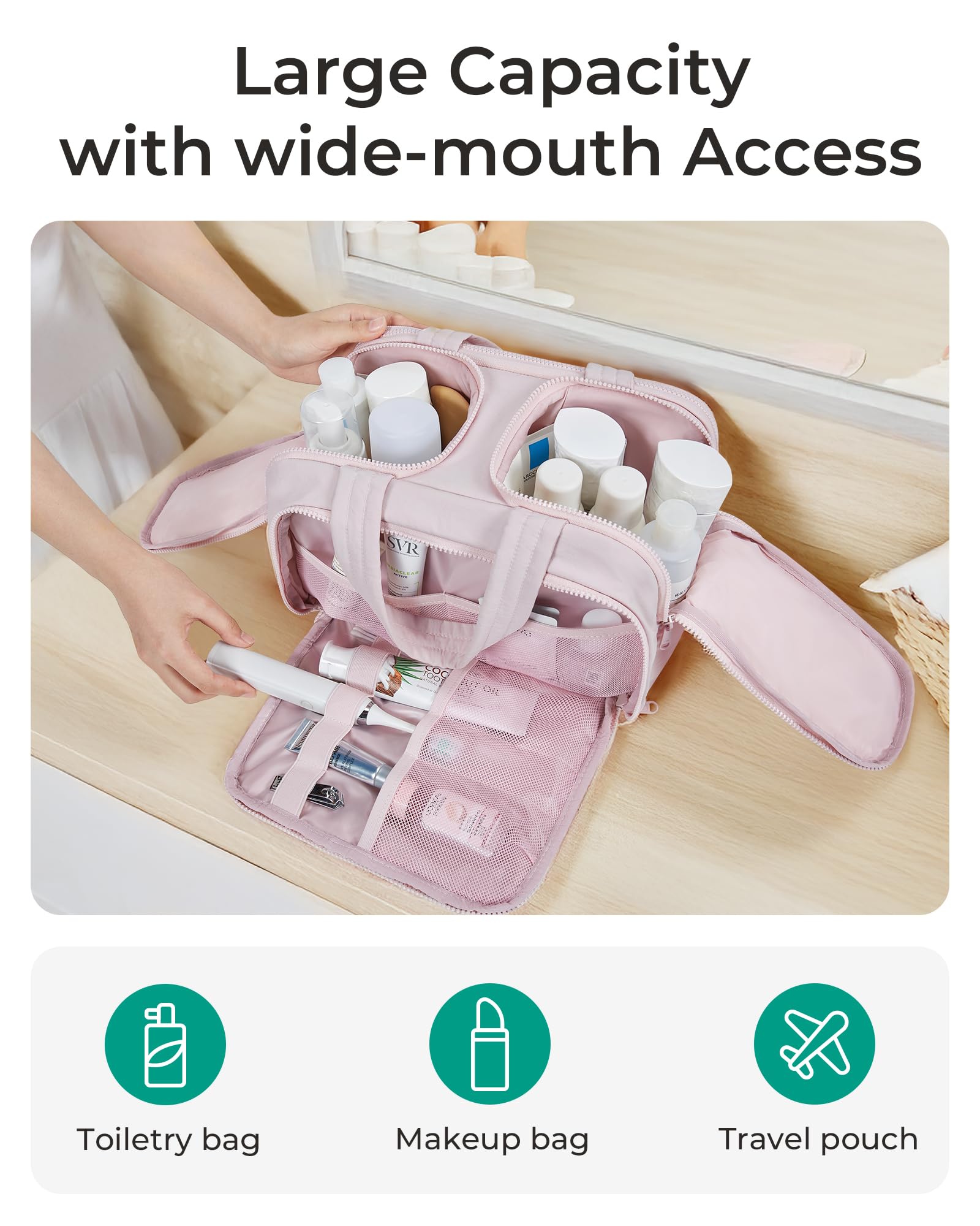 Ouverture double BagSmart rose facilite l'accès et évite les fuites.