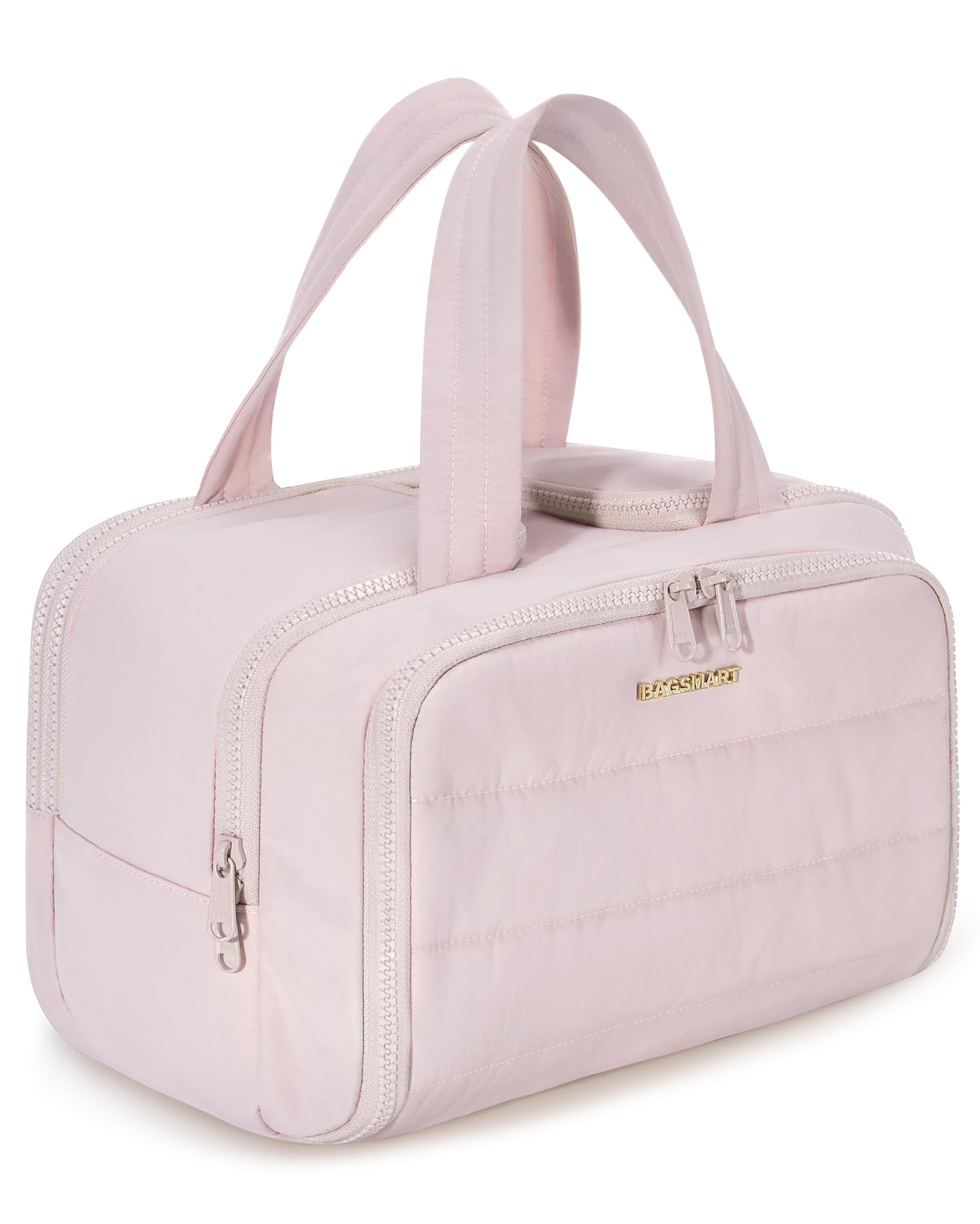 BagSmart trousse de toilette rose, ouverture large pour un accès rapide.