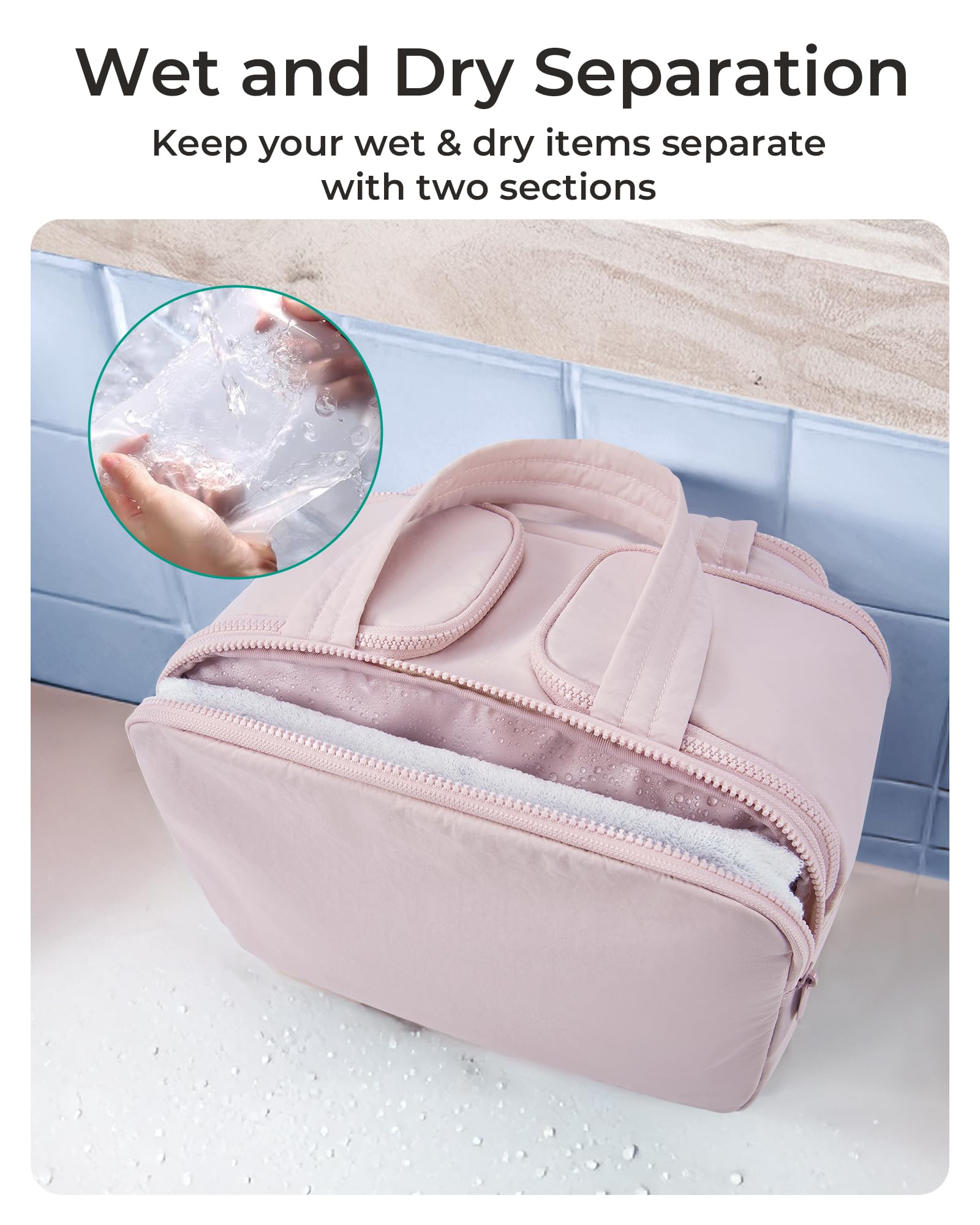 Quatre compartiments organisent les produits de toilette et le maquillage.
