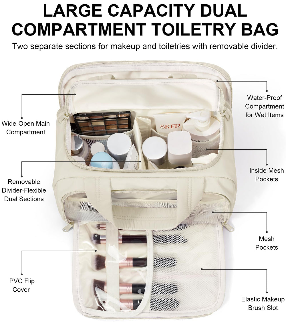 Bagstellar trousse de toilette voyage beige, rangement central à compartiments pratiques.