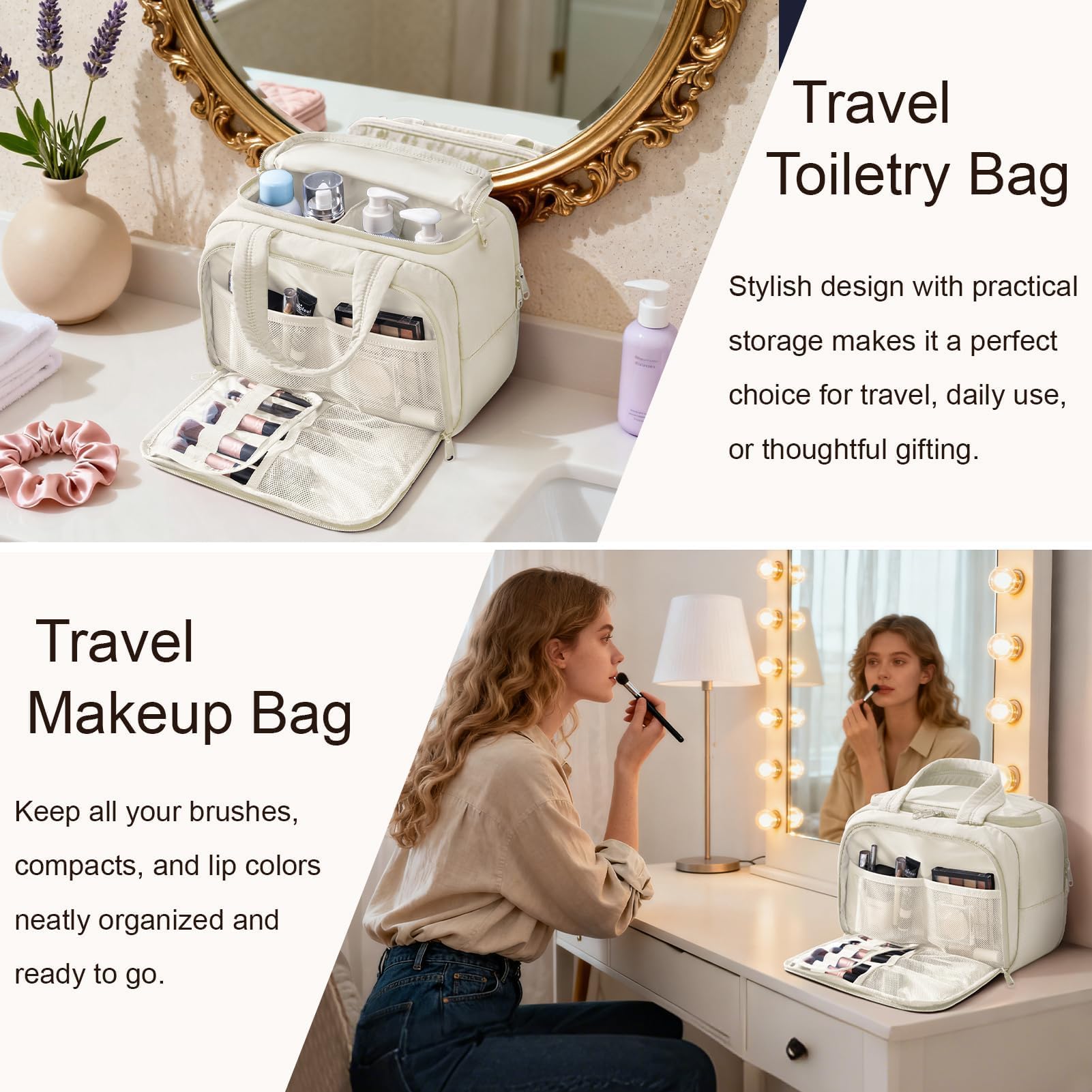 Bagstellar trousse de toilette voyage beige, sangle-poignee pratique pour transporter.