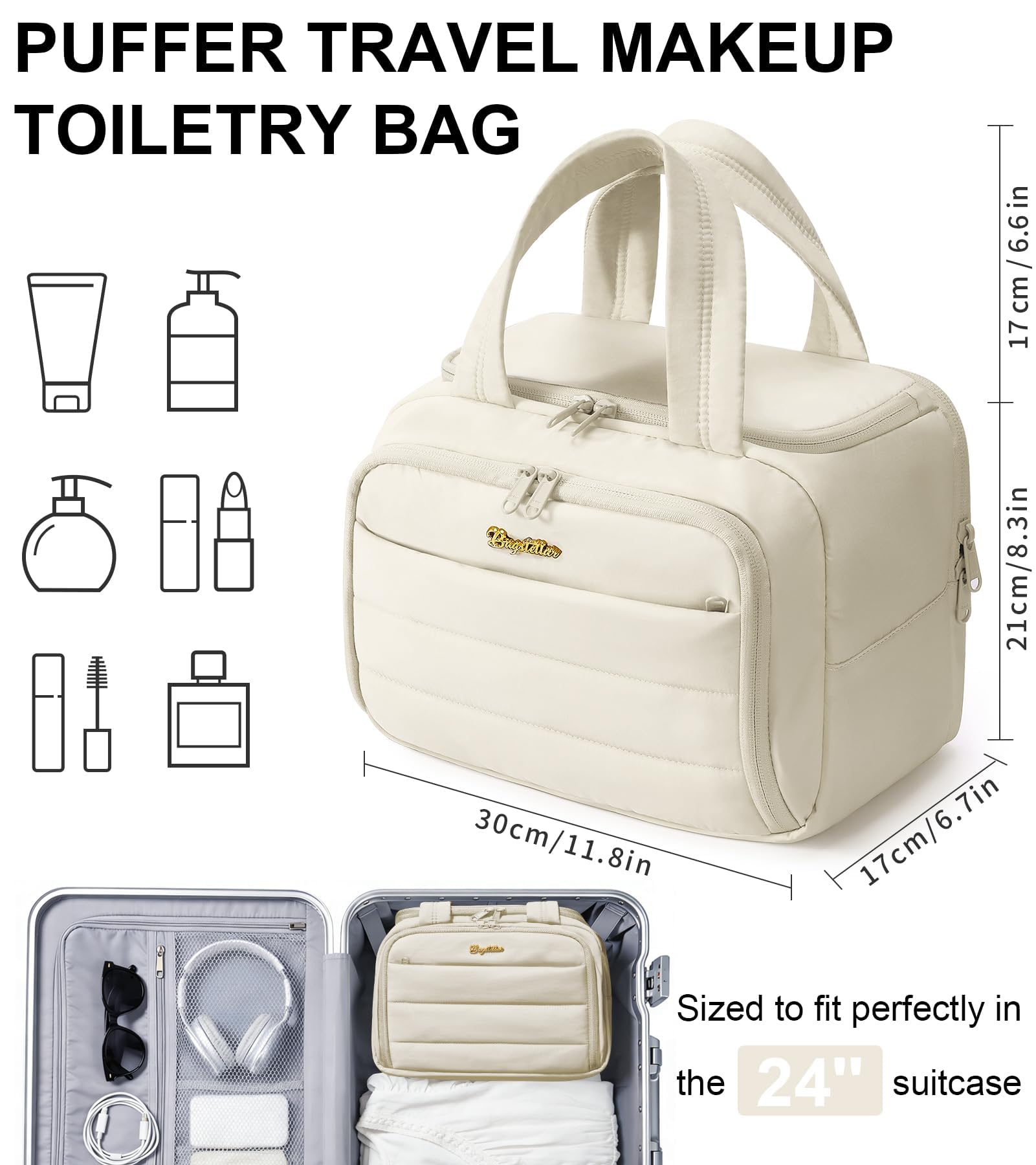 Bagstellar trousse de toilette voyage beige, grande capacité pour vos produits beauté et soins.