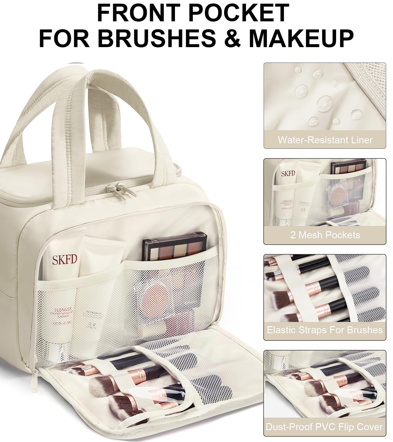 Bagstellar trousse de toilette voyage beige, poches latérales pratiques pour lingettes et cartes.