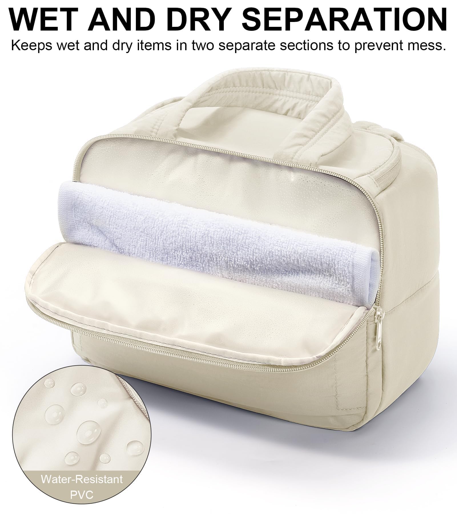Bagstellar trousse de toilette voyage beige, doublure impermeable et nettoyage facile.