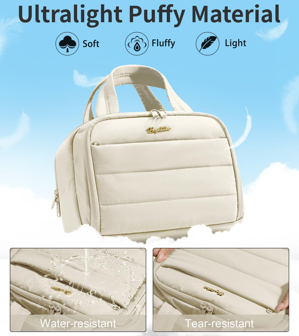 Bagstellar trousse de toilette voyage beige, poche frontale en maille pour accessoires.