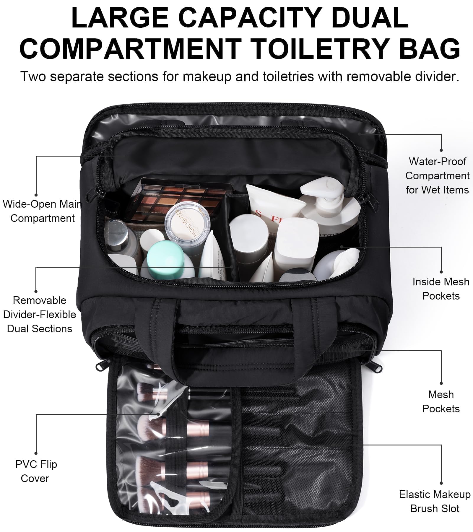 Grand compartiment central Bagstellar pour shampoing et soins en format voyage.