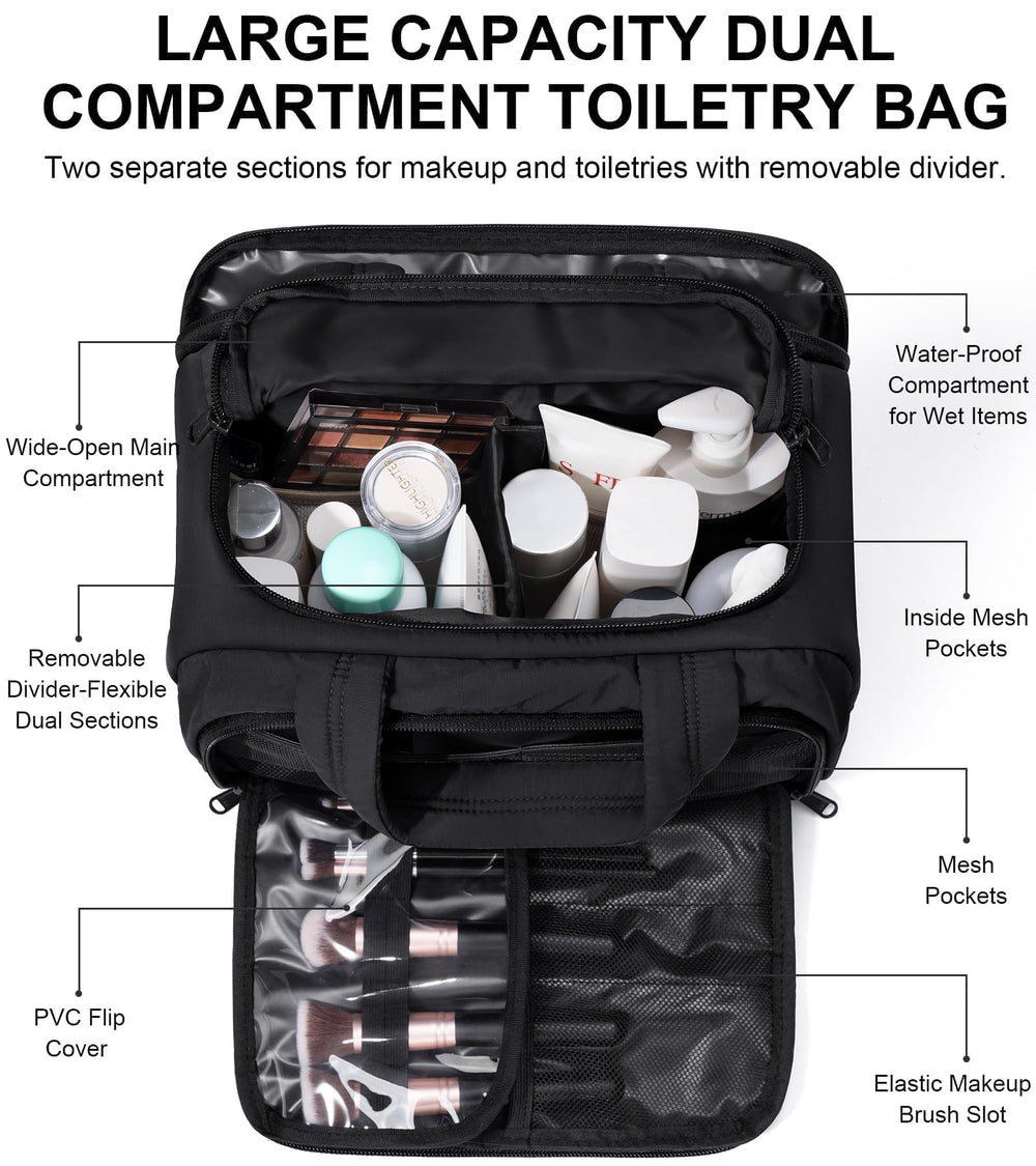 Grand compartiment central Bagstellar pour shampoing et soins en format voyage.