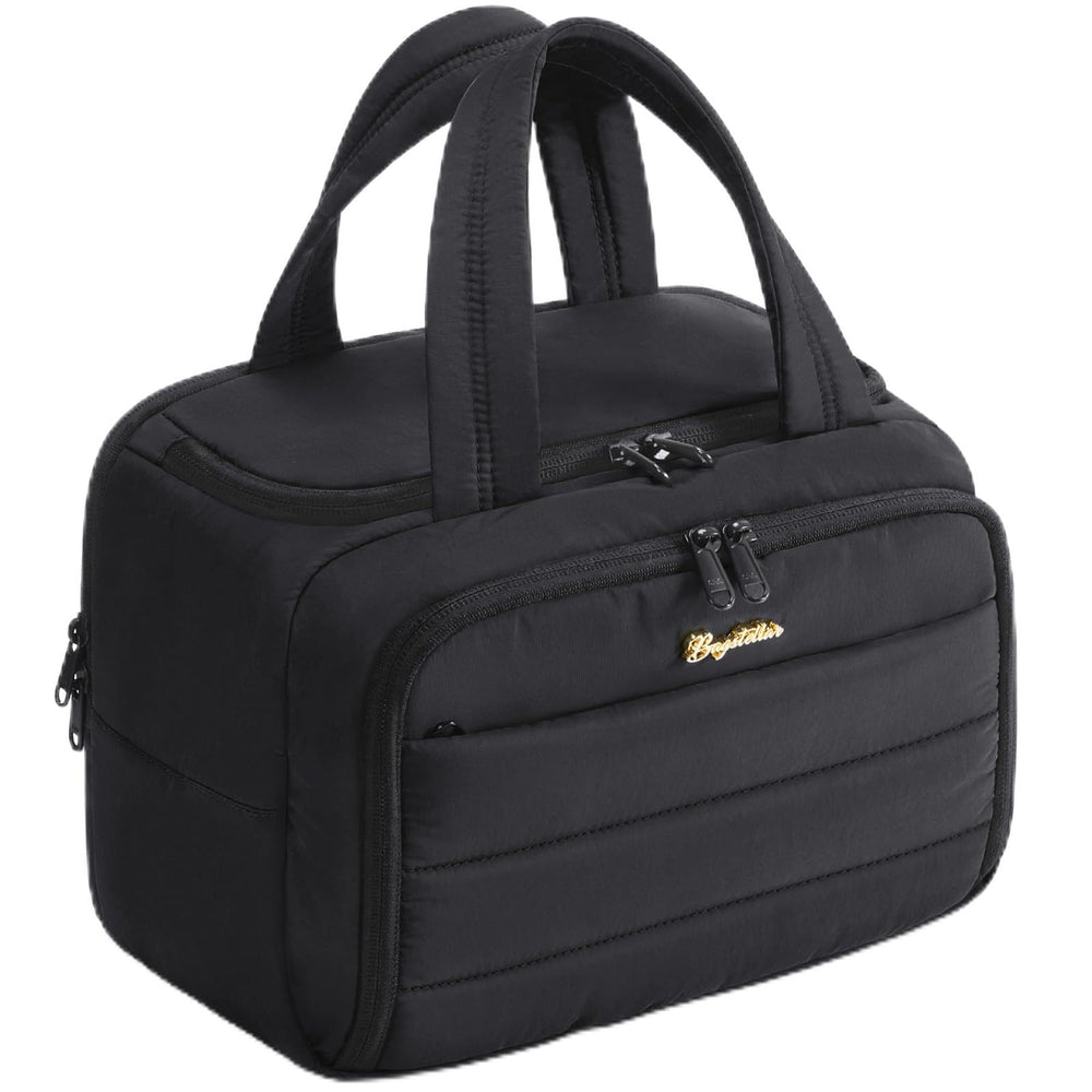 Bagstellar Trousse noire avec ouverture large pour organiser les essentiels en voyage.
