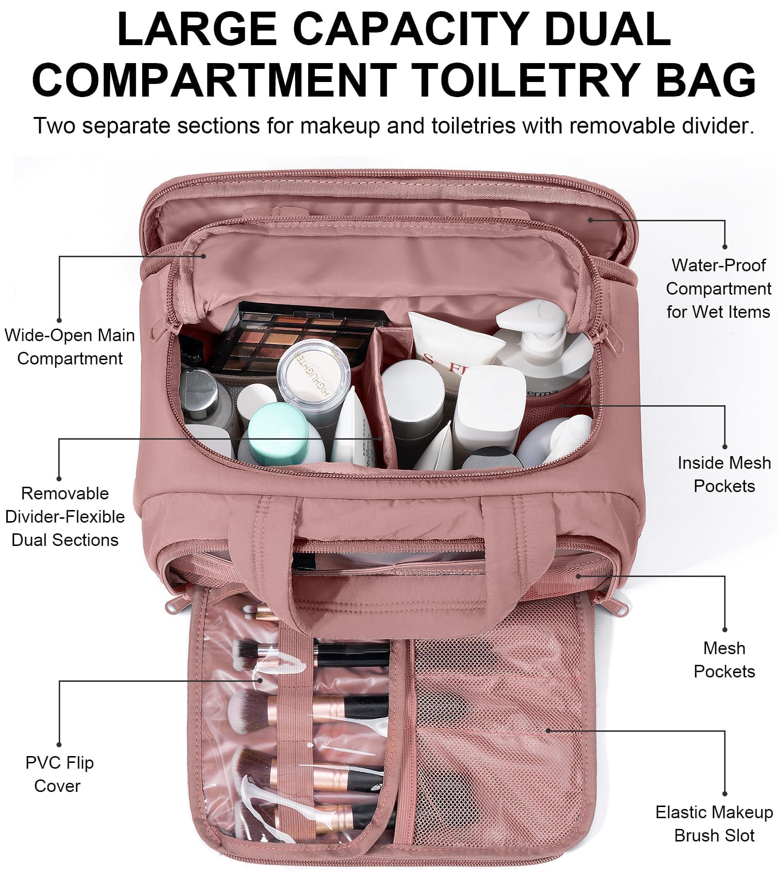 Bagstellar Trousse toilette rose foncée six poches mesh pour bouteilles debout