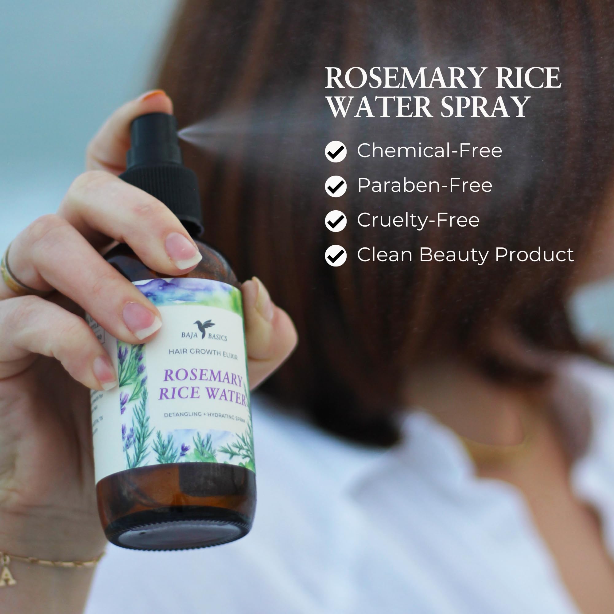 Baja Basics – Flacon huile romarin et eau de riz pour renforcer les cheveux.