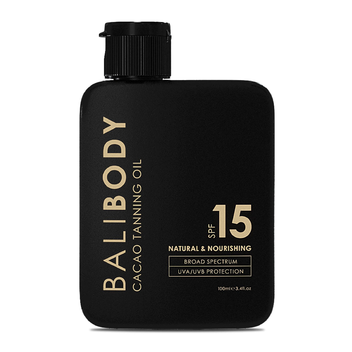 Bali Body Huile bronzante cacao SPF15 – bouteille prête à l’emploi pour un bronzage naturel.