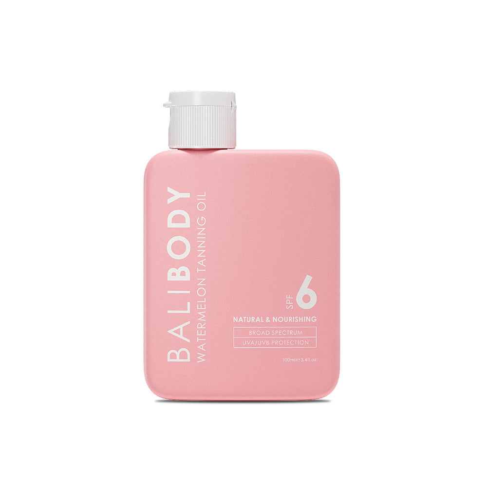 Huile Bali Body Watermelon SPF6 en bouteille, hydratante et légère pour l'été.