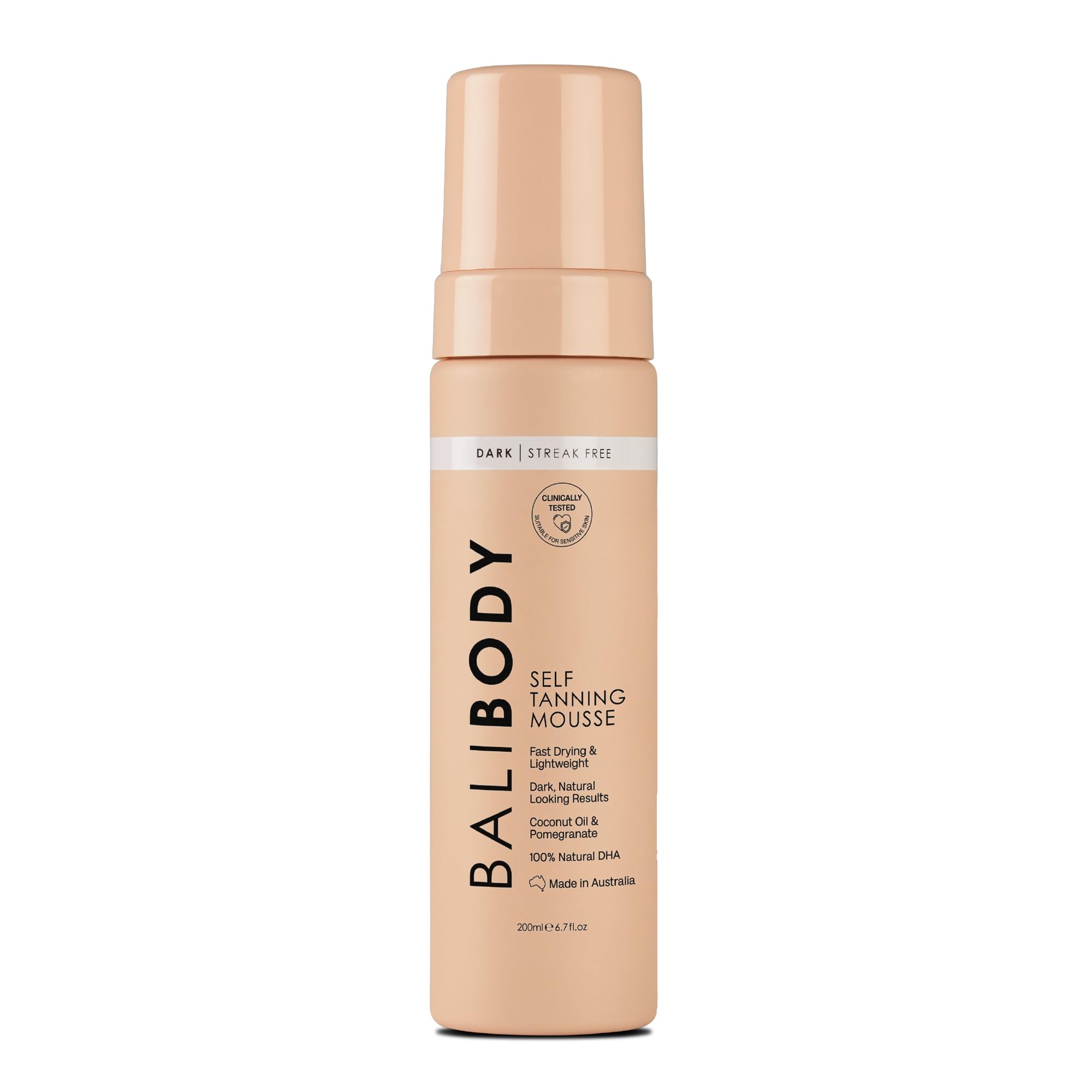 Bali Body Self Tanner Mousse Dark — emballage pratique et teinte prête à l'emploi.