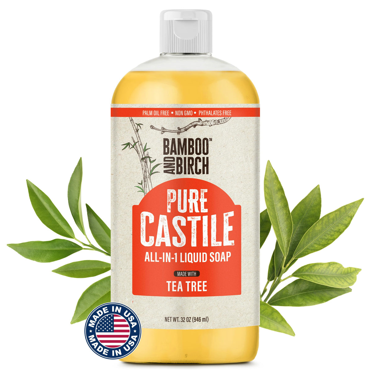 Savon Castile liquide Bamboo et Birch, arbre-a-the et bouteille 32oz
