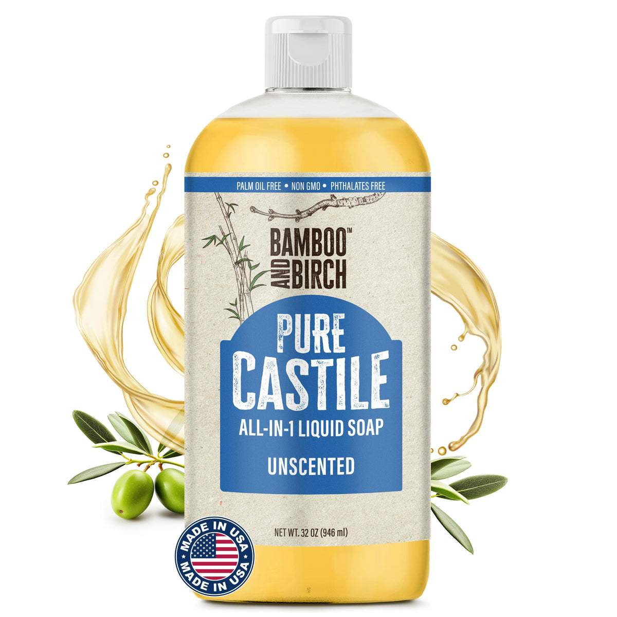 BAMBOO AND BIRCH Savon Castile liquide inodore, douceur naturelle pour tous les types de peau.