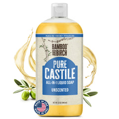 BAMBOO AND BIRCH Savon Castile liquide inodore, douceur naturelle pour tous les types de peau.