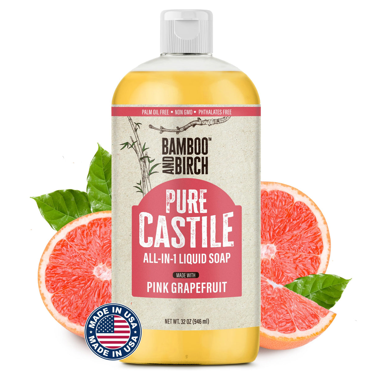 Savon liquide castile Bamboo and Birch parfum citron pamplemousse, douceur naturelle pour le corps et la vaisselle.