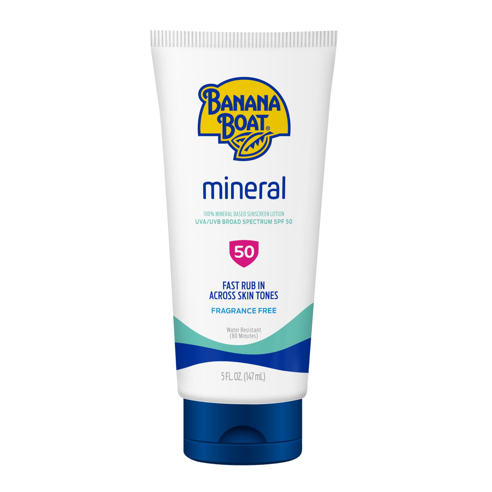 Banana Boat Mineral SPF50, bouteille, application facile et rapide sur la peau